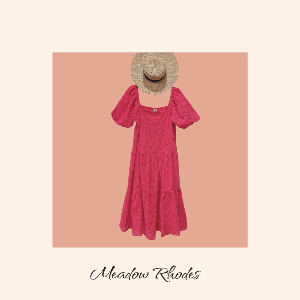 🌸🌷🌷🌹🌹SALE!!Brand Meadow Rhodes Hot Pink Puff Sleeves Eyelet Tiered Women’s…